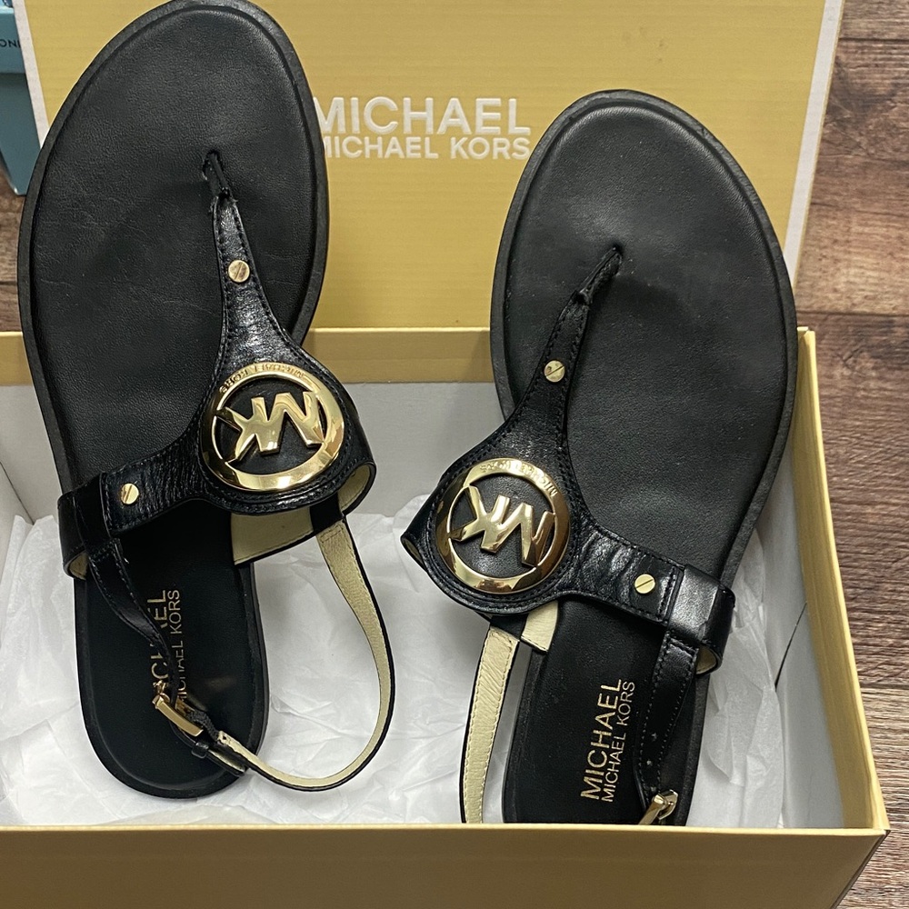Michael Kors Black Sandals with Gold Logo